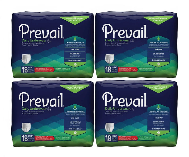Prevail Daily Disposable Underwear S/M 34"-46"  18 Ct x 4 Packs (72 Total)